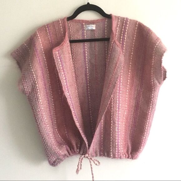 HAND KNIT Boho Sleeveless Cardigan Sweater Tie Waist Pink Purple One Size - Picture 2 of 11